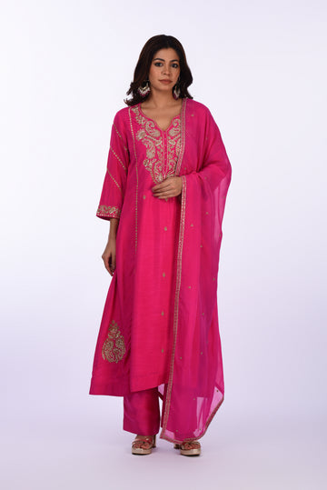 Kurti With Pants Set And Dupatta Rani Pink Silk Embroidered  Kurta Set