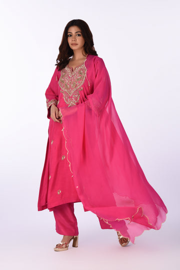 Kurti With Pants Set And Dupatta Pink Silk Embroidered Kurta Set