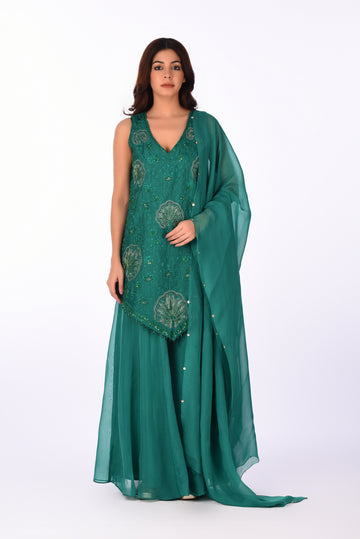 Green Embroidered Silk Kurta Set