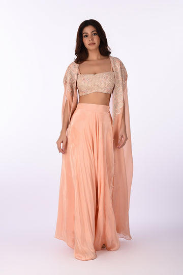 Blouse Jacket With Bottom Peach Embroidered  Blouse Set with Cape