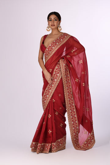 Saree With Blouse Elegant Red Organza Embroidered Saree