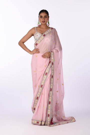 Saree With Blouse Pastel Pink Organza Embroidered Saree