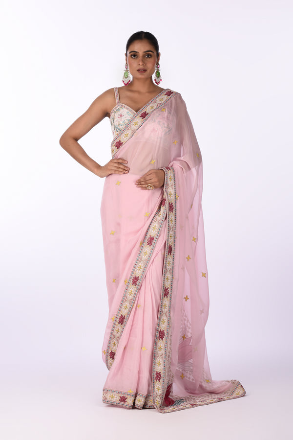 Saree With Blouse Pastel Pink Organza Embroidered Saree