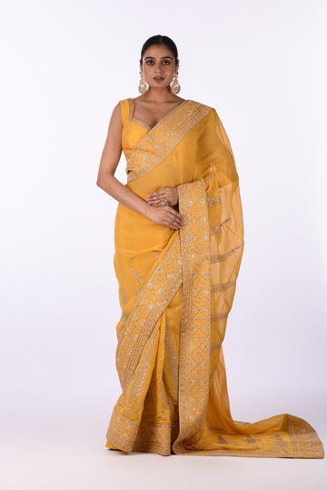 Saree With Blouse Yellow Organza Embroidered Saree