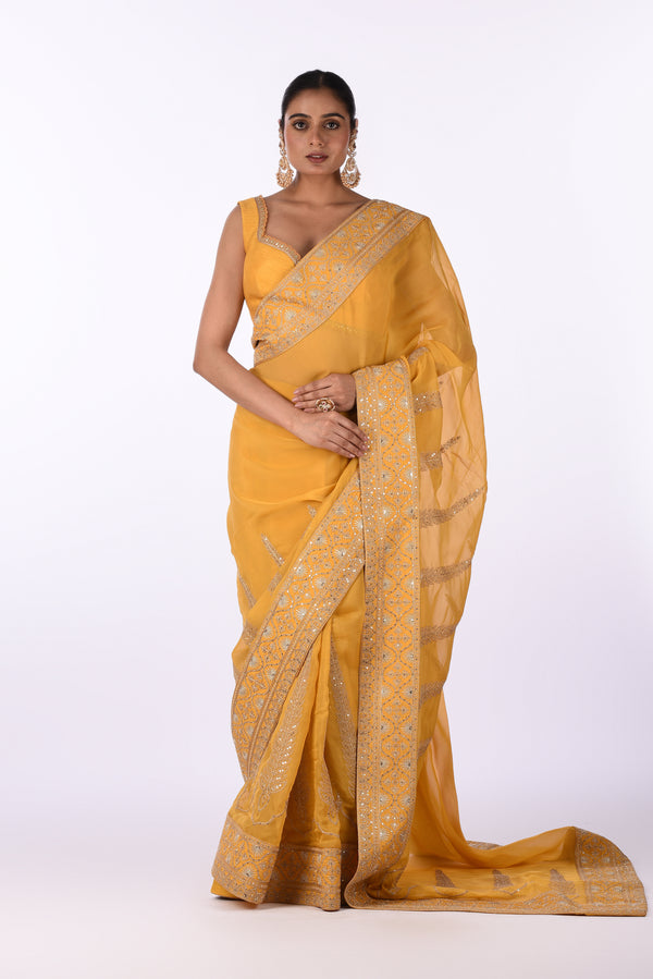 Saree With Blouse Yellow Organza Embroidered Saree