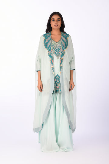 Kurti With Palazzo Pants And Dupatta Aqua Blue Kurta Set with Bold Teal & Peach Embroidery Work