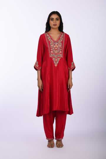 Kurti With Pants Elegant Red Embroidered  Kurta Set