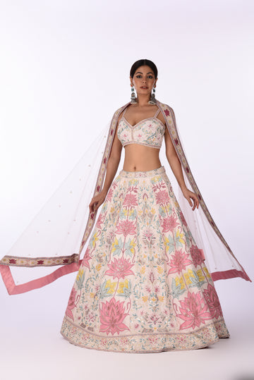 Lehenga Set Silk Ivory Multi Thread Embroidered Lehenga Set