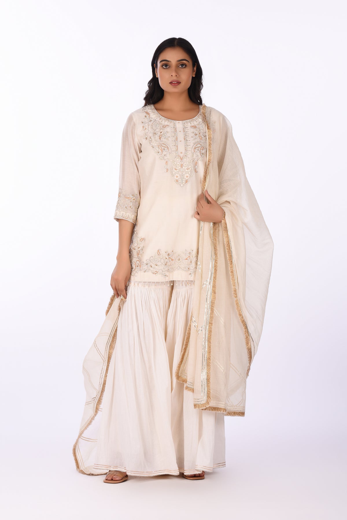 Women's ivory crushed cotton-silk embroidered kurta sharara set — RNG REZA