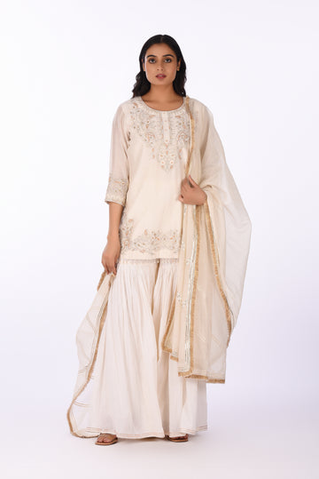 Embroidered Kurti Sharara Set Ivory Crushed Cotton Silk Kurta Sharara Set