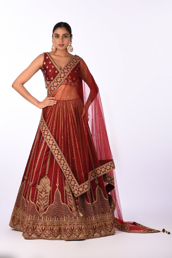 Lehenga Set Rich Maroon Velvet Embroidered Lehenga