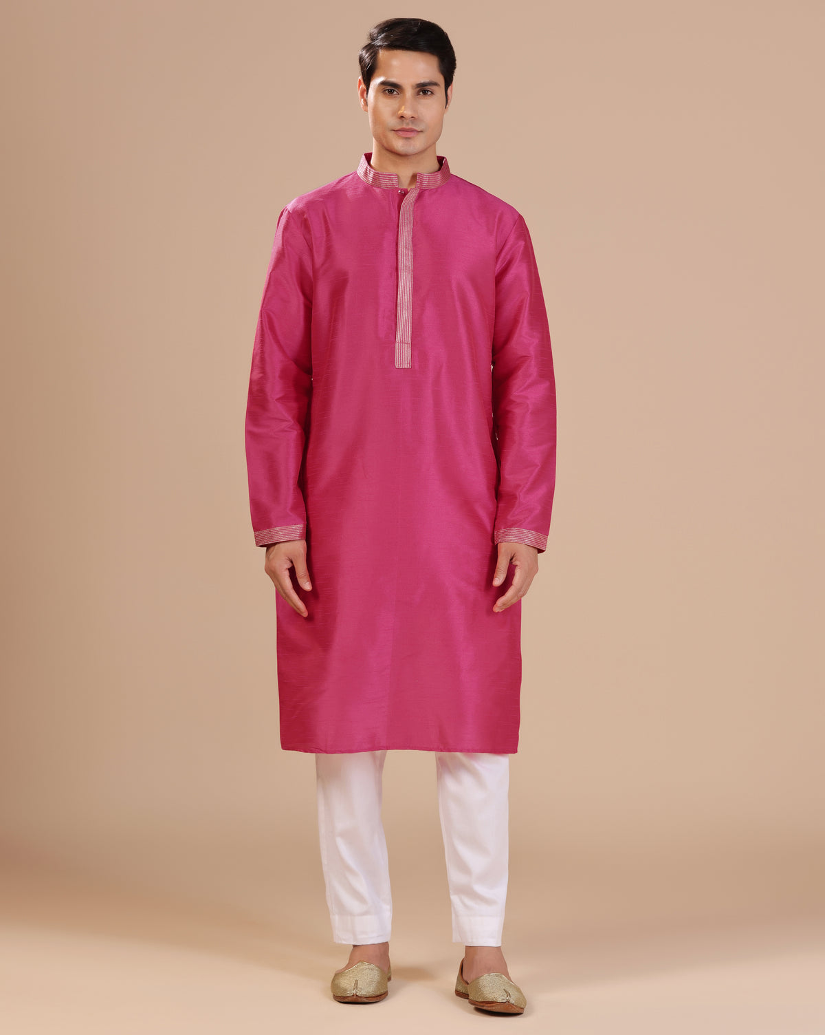 Men's Premium Rani Pink Dupion Silk Kurta Set With Subtle Embellished Placket