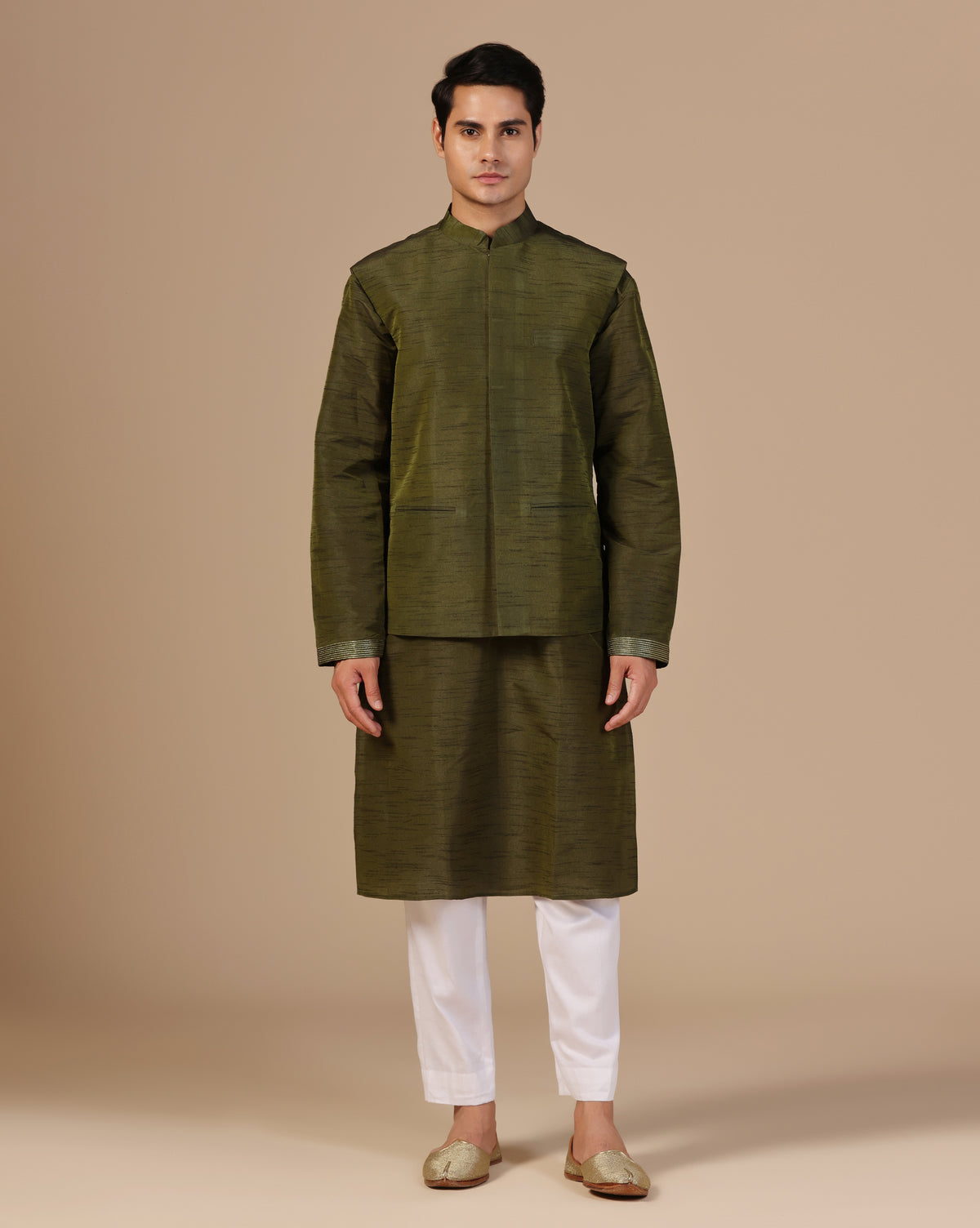 Men's Dupion Silk Olive Green Kurta Set With Nehru Jacket