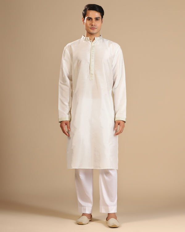 Men's White Dupion Silk Kurta Set with Subtle Embellished Placket