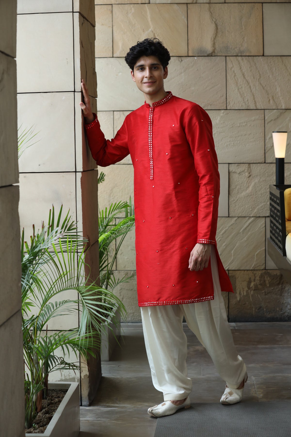 Royal Red Dupion Silk Mirror Kurta Set