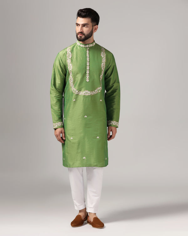 Festive Green Dupion Silk Embroidered Kurta Set