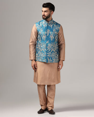 Classic Gold Dupion Silk Kurta Set with Embroidered Nehru Jacket