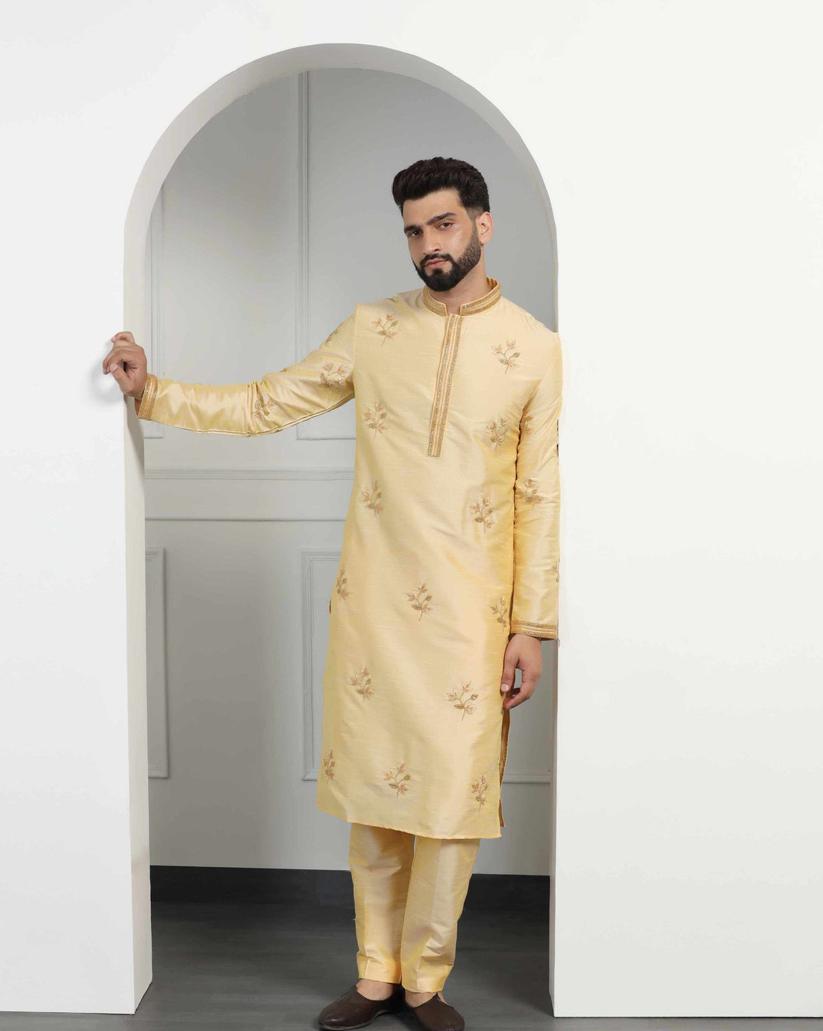 Men's classic gold dupion silk embroidered kurta set — RNG REZA