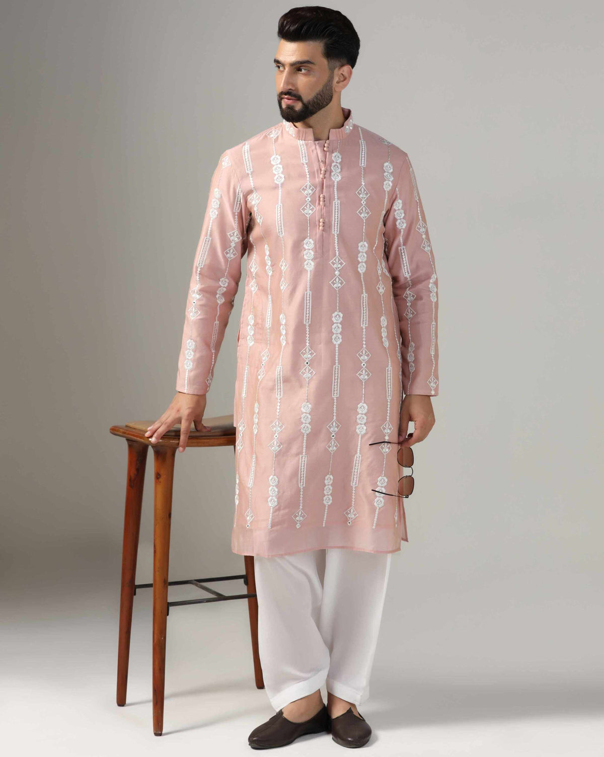 Men's dusty pink chanderi embroidered kurta salwar set — RNG REZA