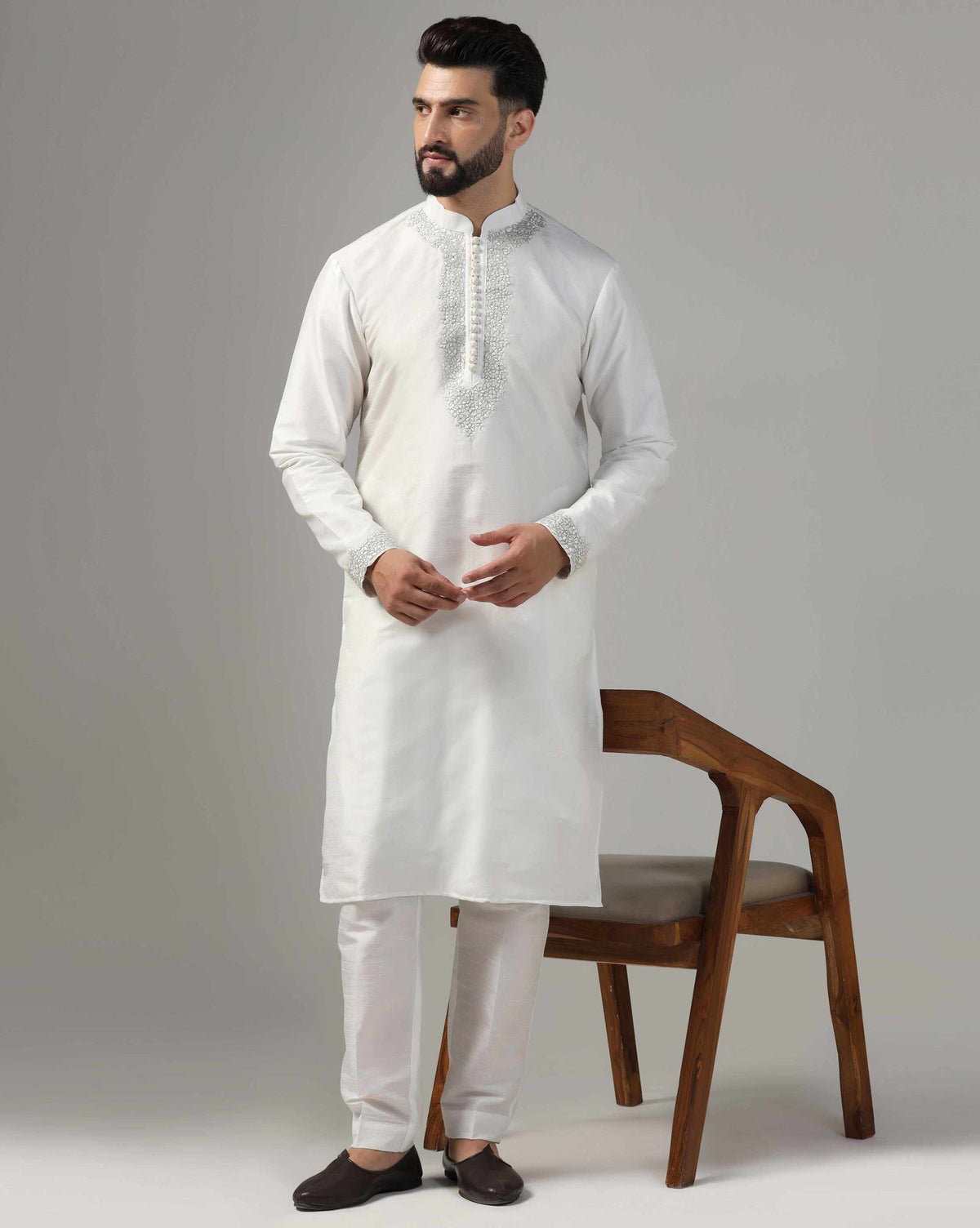 Men's classic white dupion silk embroidered kurta set — RNG REZA