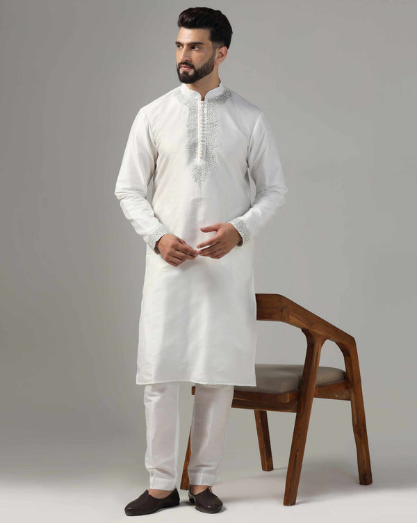Classic White Dupion Silk Embroidered Kurta Set