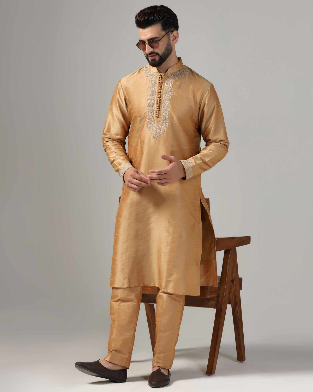 Men's gold dupion silk embroidered kurta set — RNG REZA