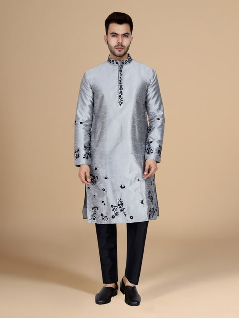 Silver Dupion Silk Embroidered Men's Kurta Set