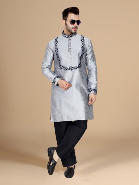 Silver Dupion Silk Embroidered Men's Kurta Set