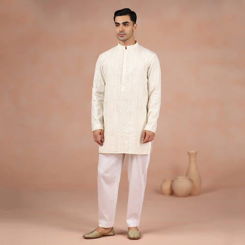 Cream Chanderi Embroidered Kurta Set