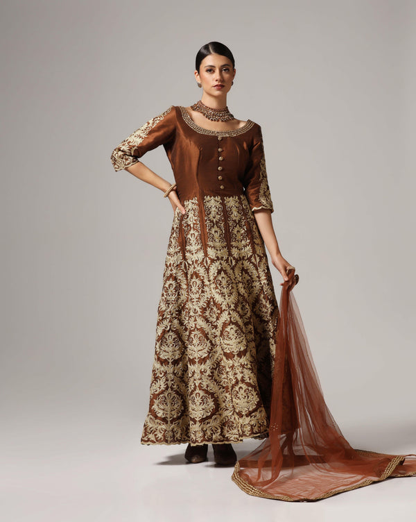 Brown gold aari embroided anarkali