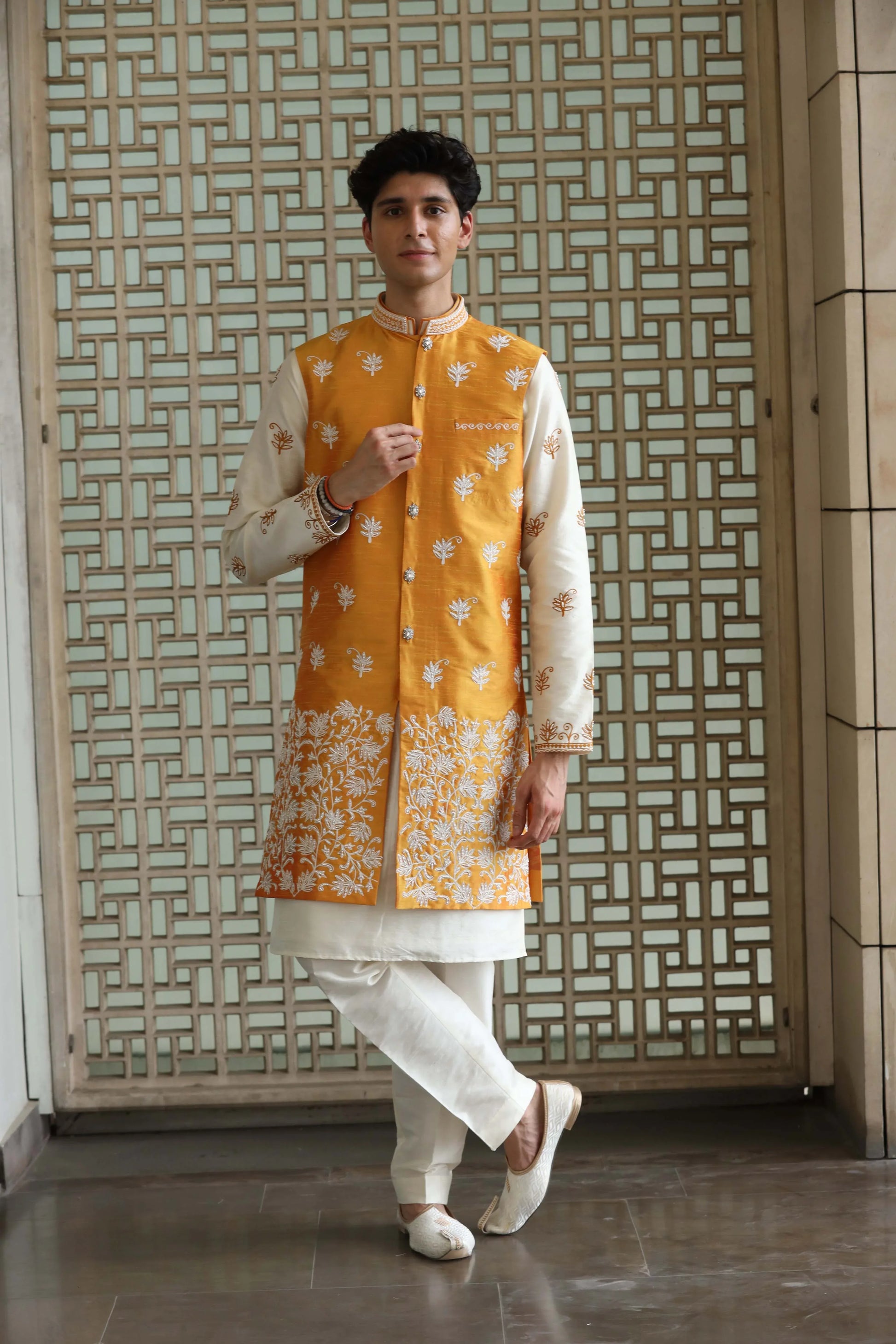 Men's elegant cream kurta set with vibrant jacket — RNG REZA