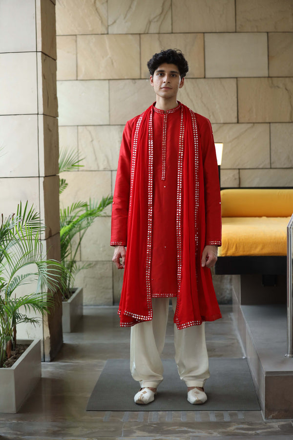 Classic red kurta slawr set with decorative Mirror stole