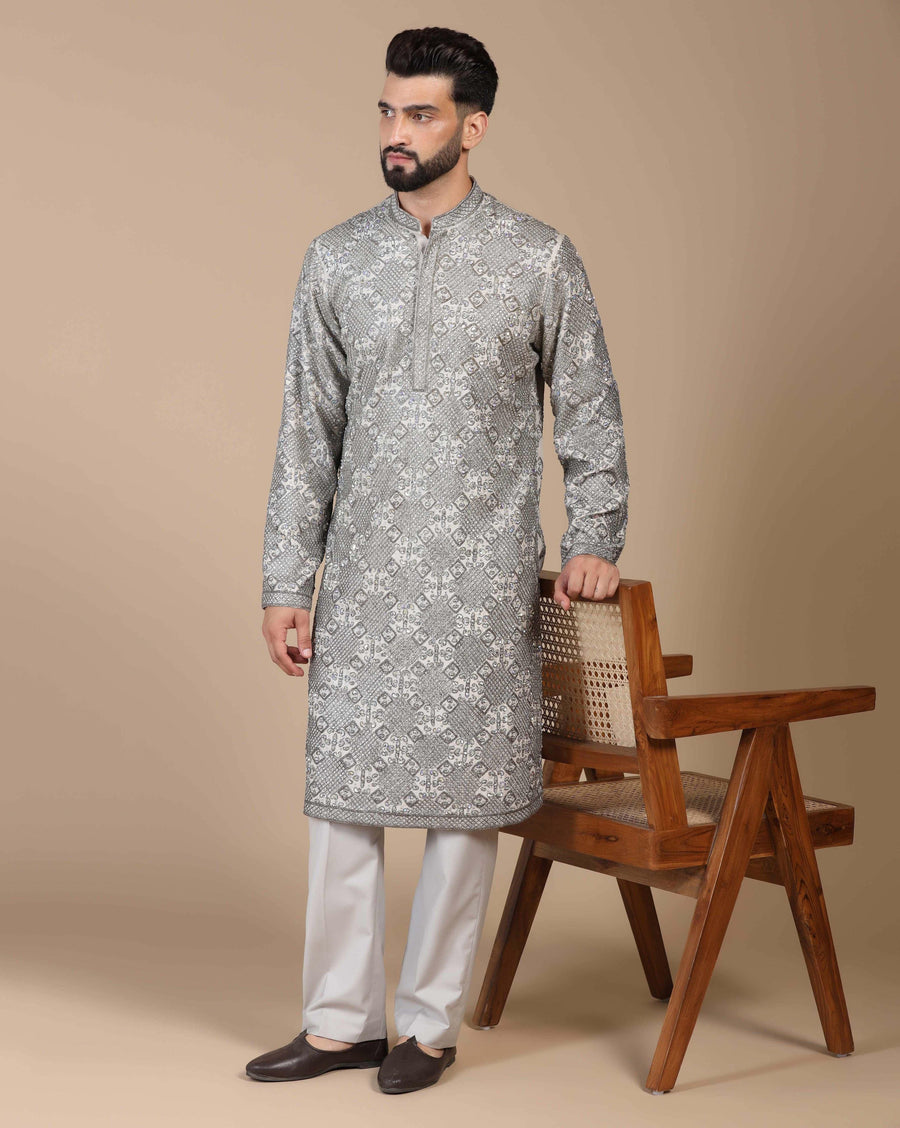 Elegant Silver Grey, Hand Embroidered Kurta With Pants