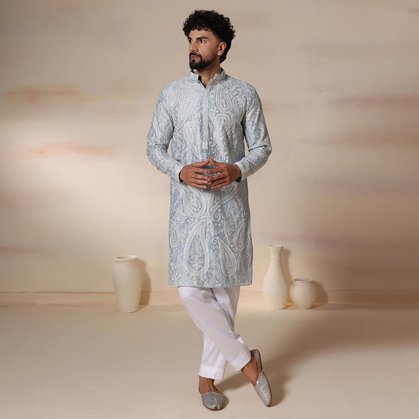 Men Powder blue kurta set with delicate threads aari work