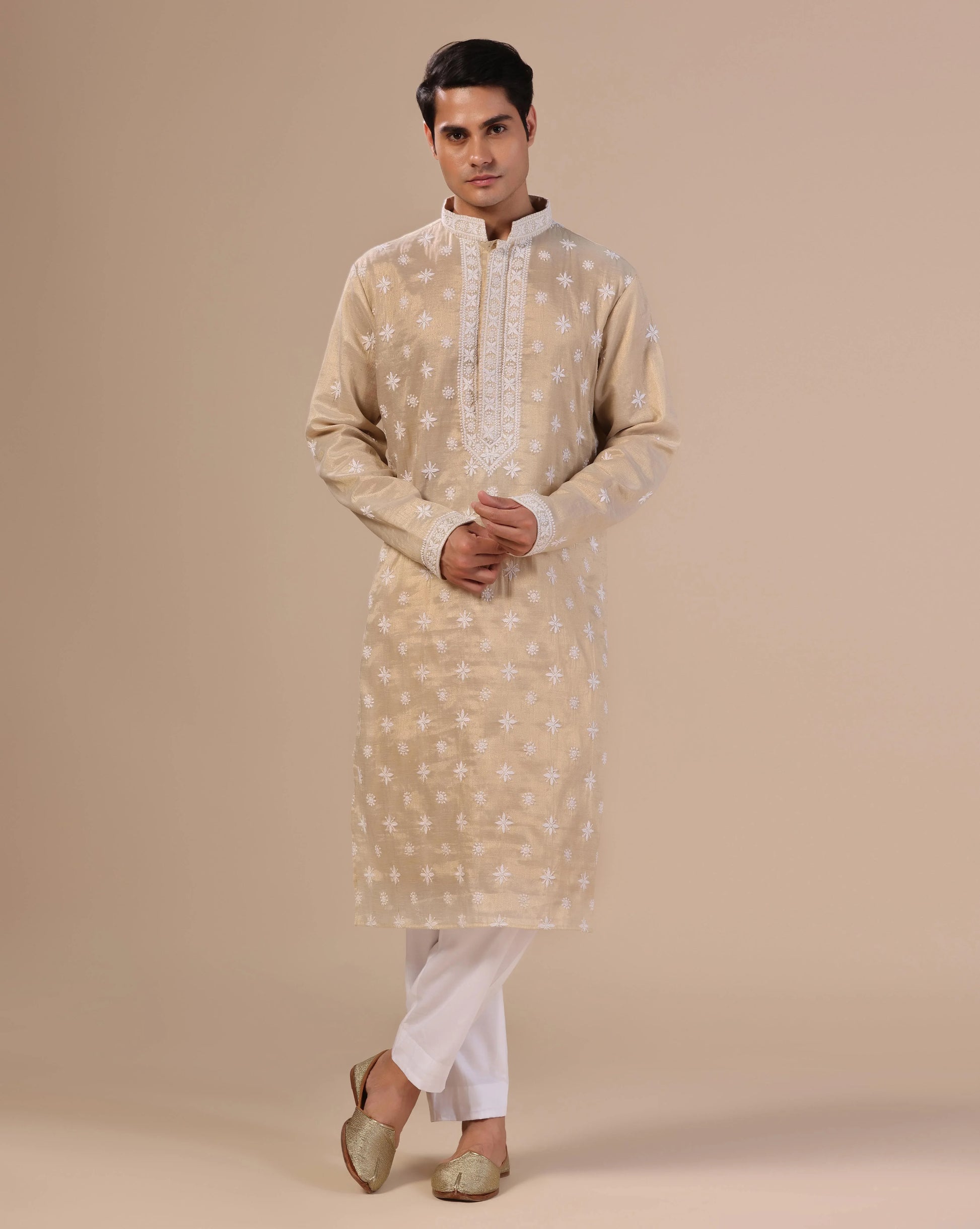 Men's golden chikankari kurta with mukesh embellishment — RNG REZA