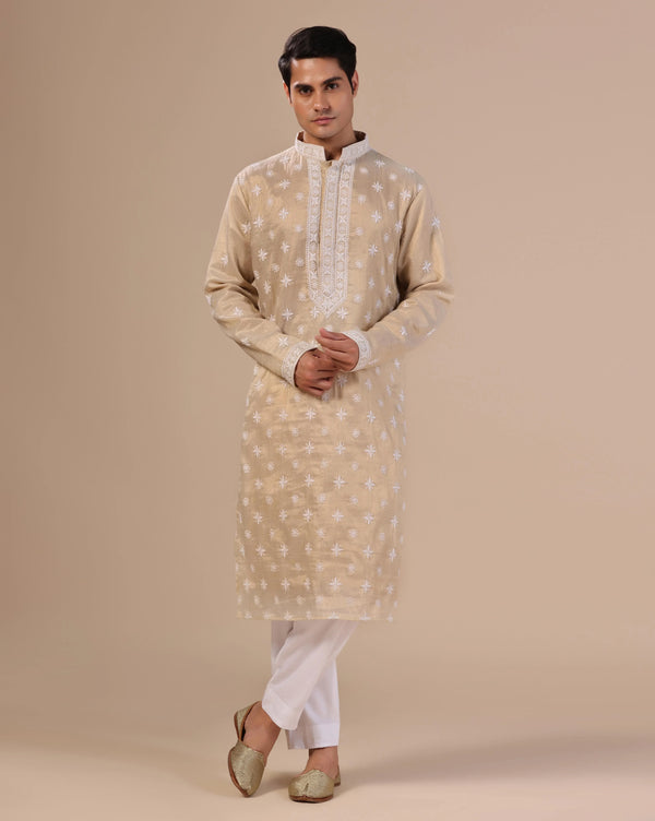 Golden Men's Chikankari Kurta With Mukesh Embellishment
