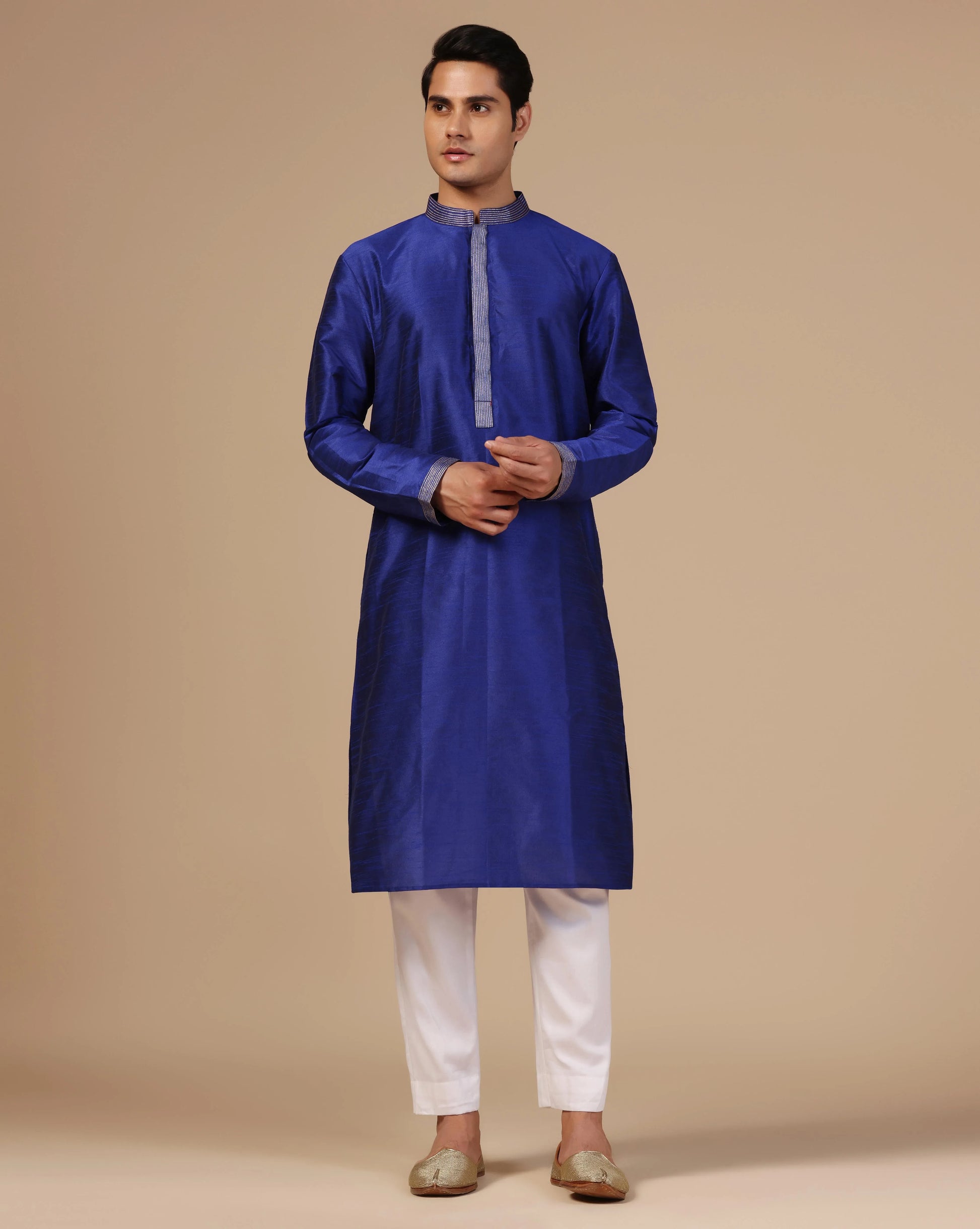 Men's elegant blue silk kurta with aari zari embroidery — RNG REZA