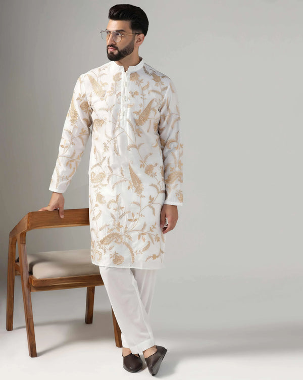 White Embroidered Men's Kurta Set