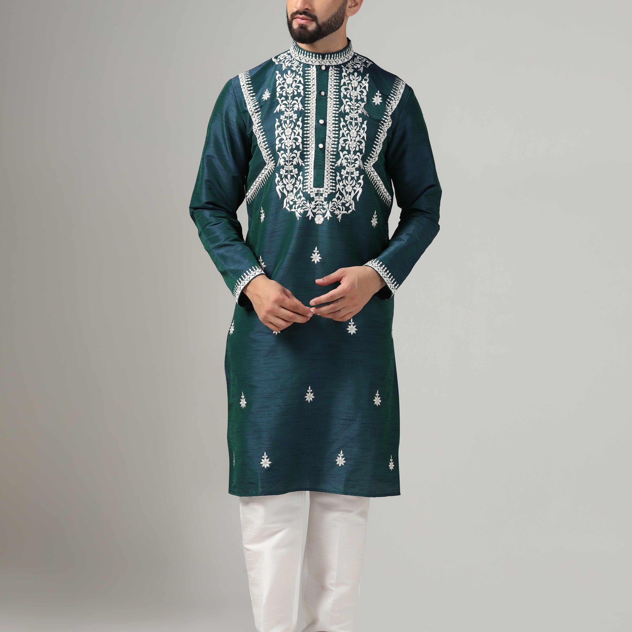 Deep green men embroidered kurta