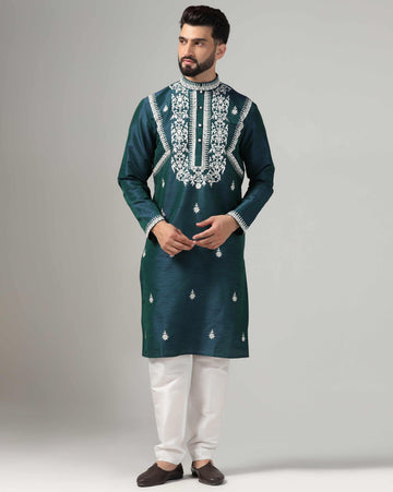 Deep green men embroidered kurta