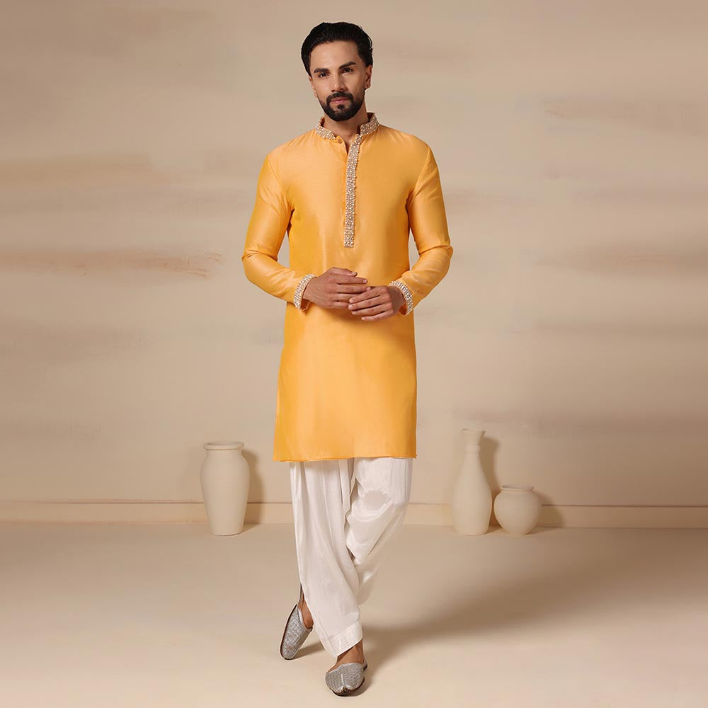 Orange pearl work kurta for mens