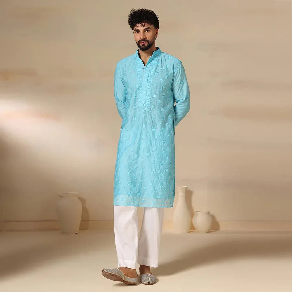 Men's classic blue chikankari kurta — RNG REZA