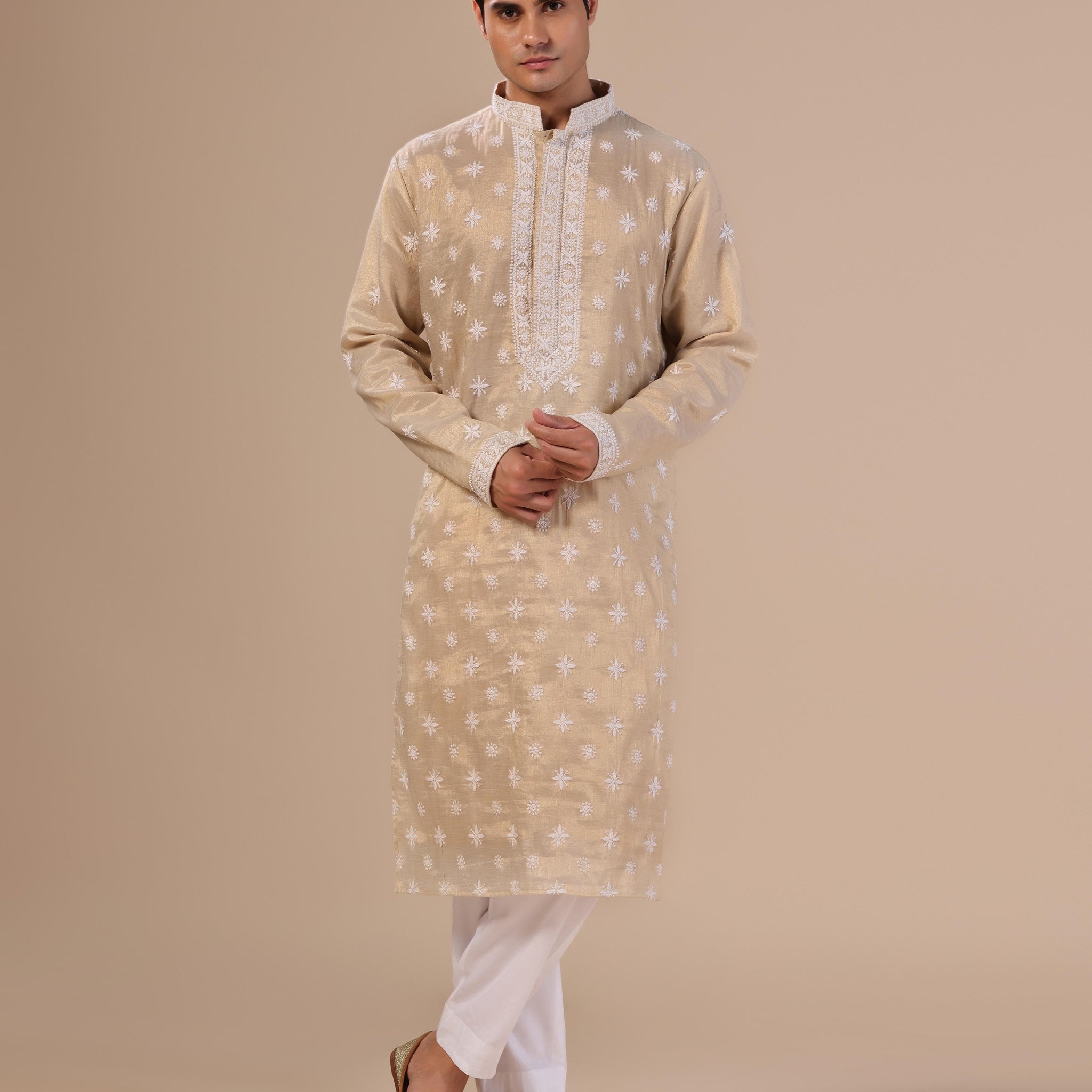 Golden mens chikankari kurta with mukesh embellishements