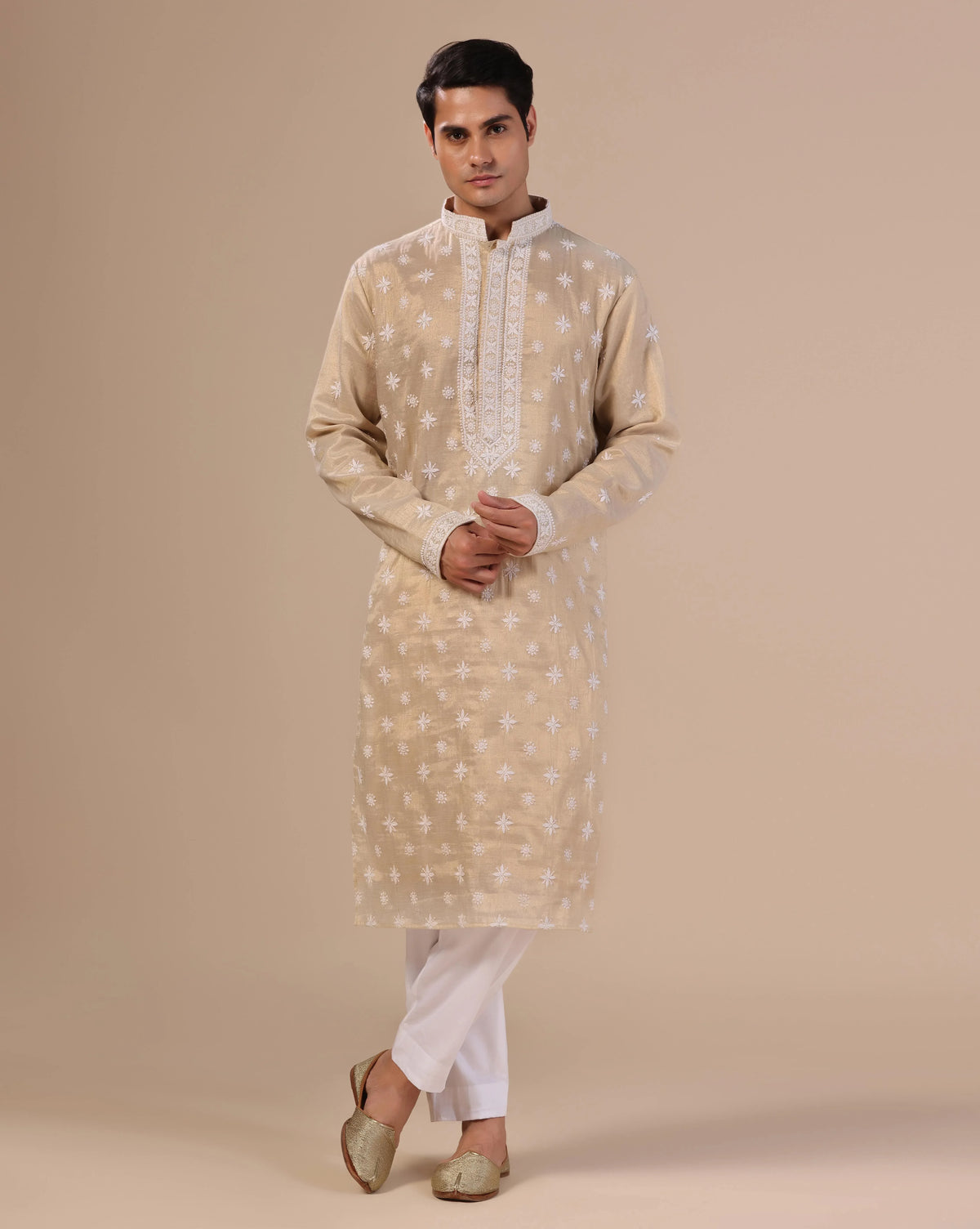 Men's golden chikankari kurta with mukesh embellishments — RNG REZA