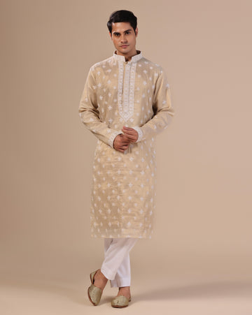 Golden mens chikankari kurta with mukesh embellishements