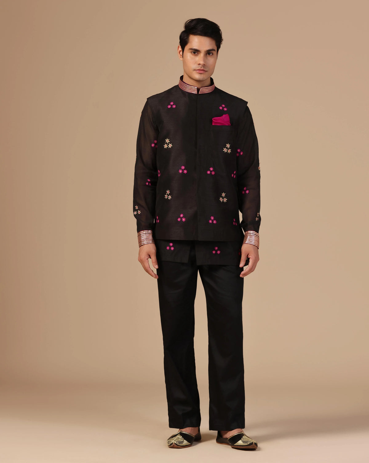 Men's black chanderi Nehru jacket — RNG REZA