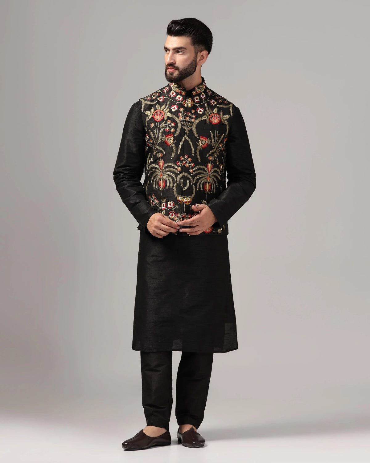 Men's Black Embroidered Nehru Jacket
