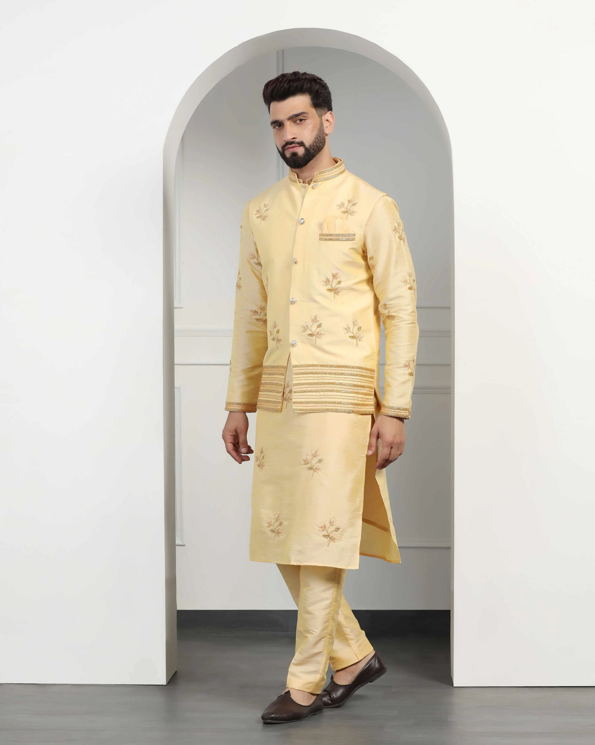 Yellow Men's Embroidered Nehru Jacket