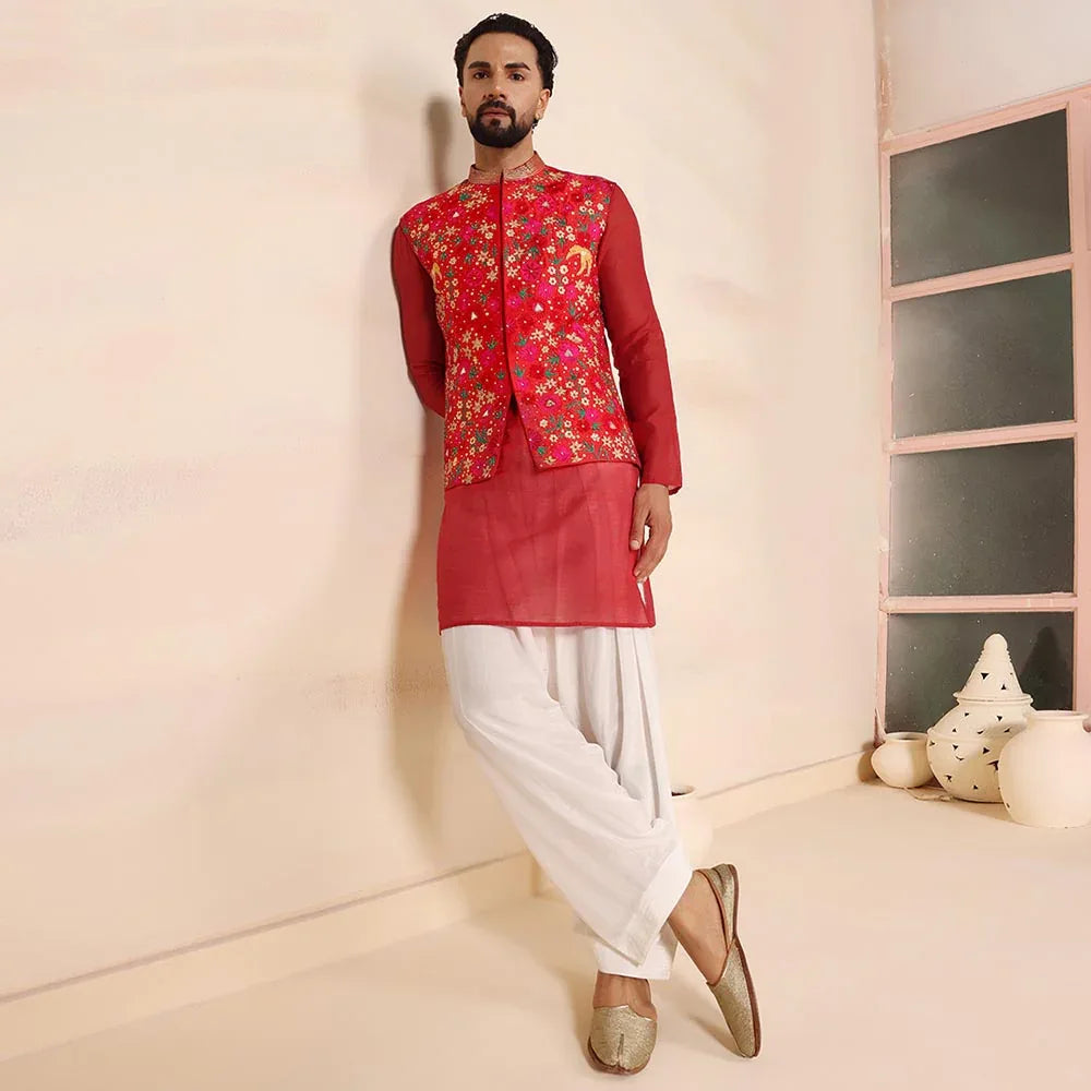 Red Embroidered Nehru Jacket
