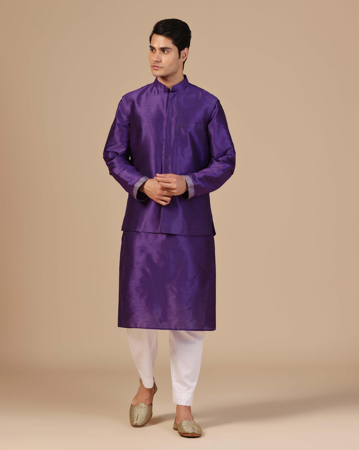 Men's Purple Nehru Jacket Embroidered Kurta Set